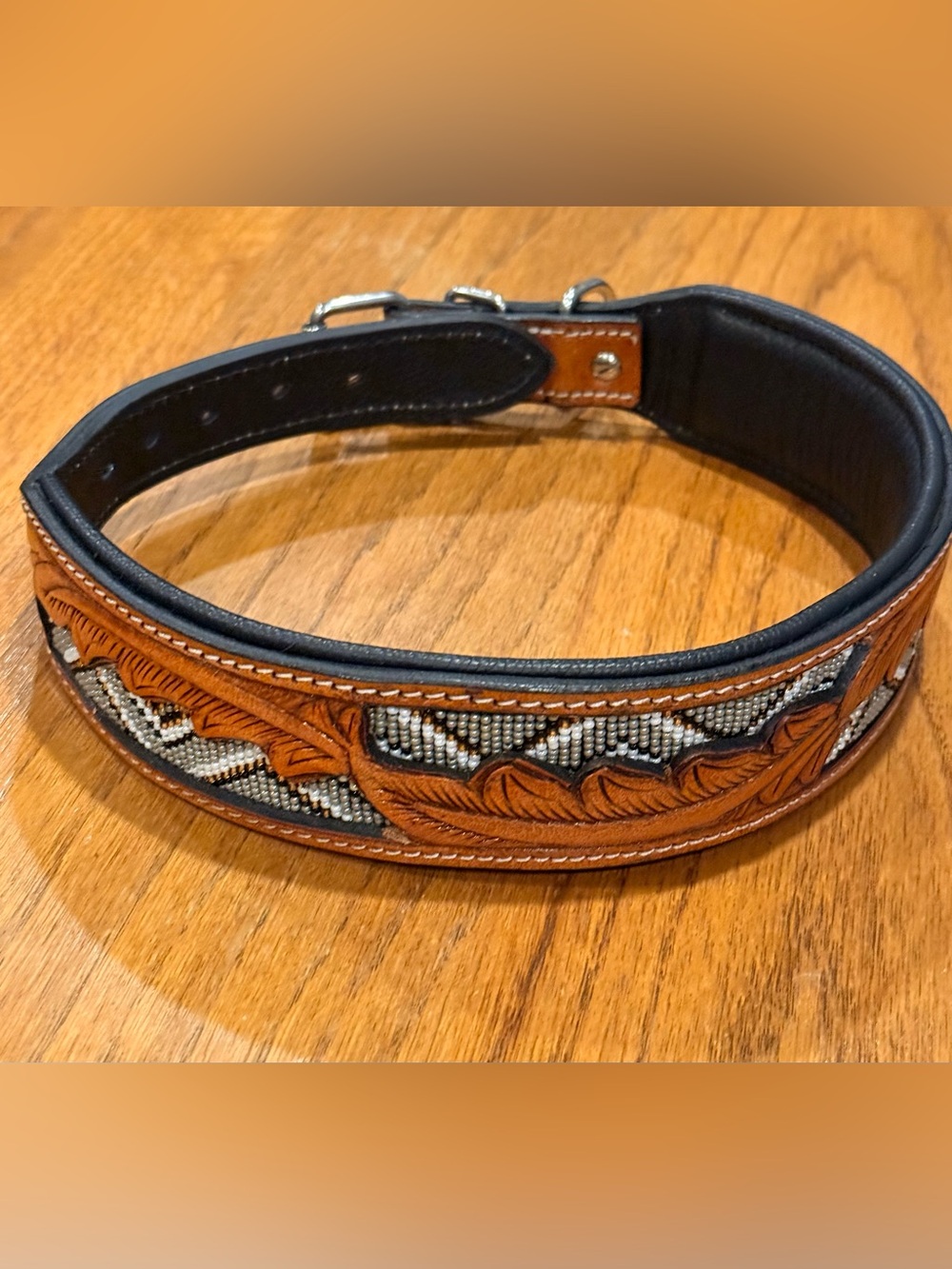 Premium Tooled Leather Dog Collar with Black Padded Lining - Brown